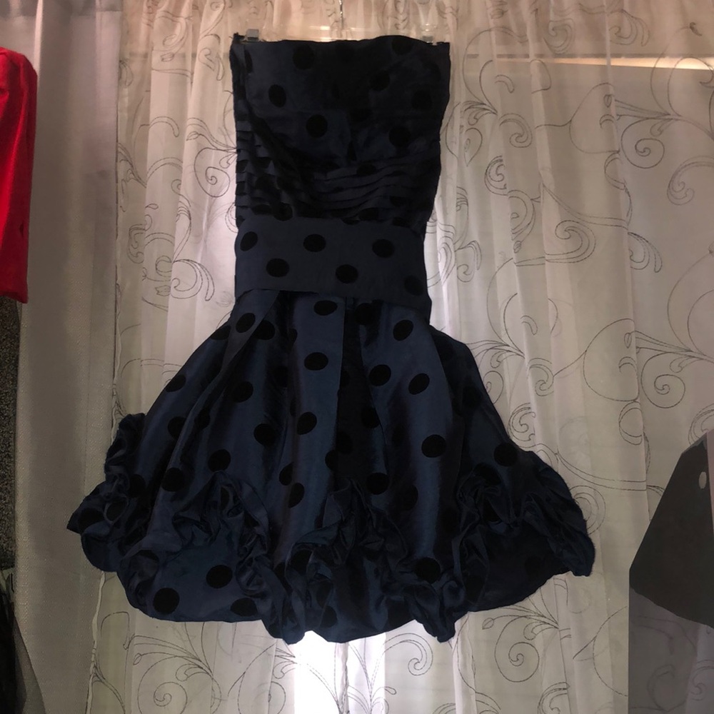 Sanjoy blue and black pokadot Strapless Fit and Flare Prom Dress